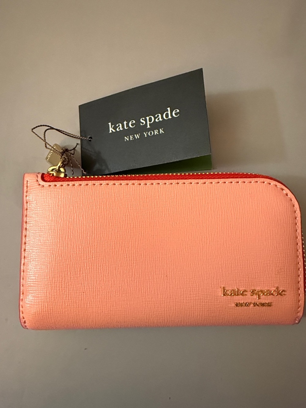 NWTS! kate spade Leather Coral Pink Zip Card Case With Gold Logo
